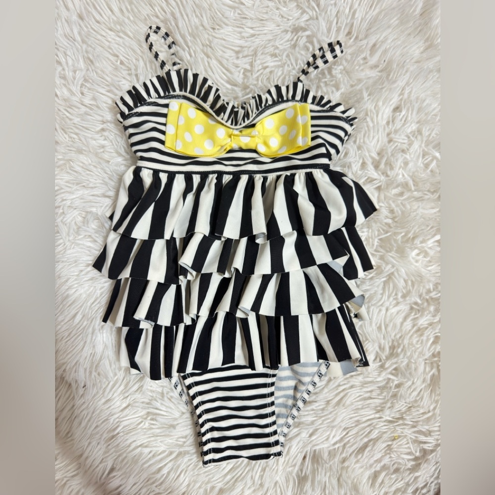 Chic Black and White Striped Ruffle Swimsuit with Yellow Bow